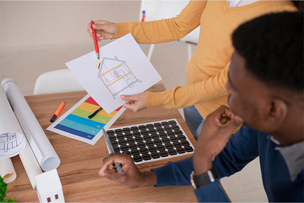 Two people looking at a house drawing.